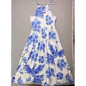 Made With Love Blue White Floral Phoenix Halter Maxi‎ Dress Womens Size M